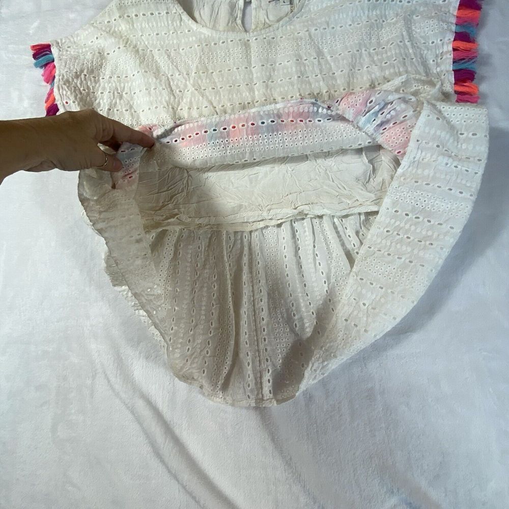 Andree White Babydoll Top Large Eyelet Boho Summer Beach Boutique Tassels Ruffle - Picture 3 of 10